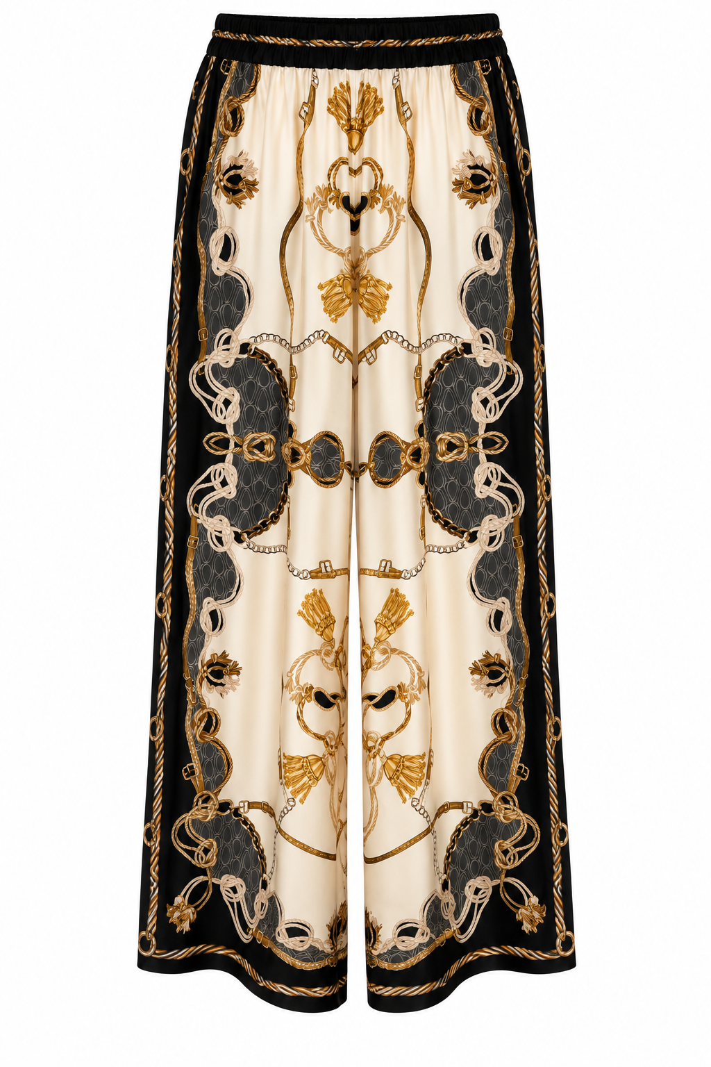 Baroque chain print wide-leg trousers in ivory, black and gold