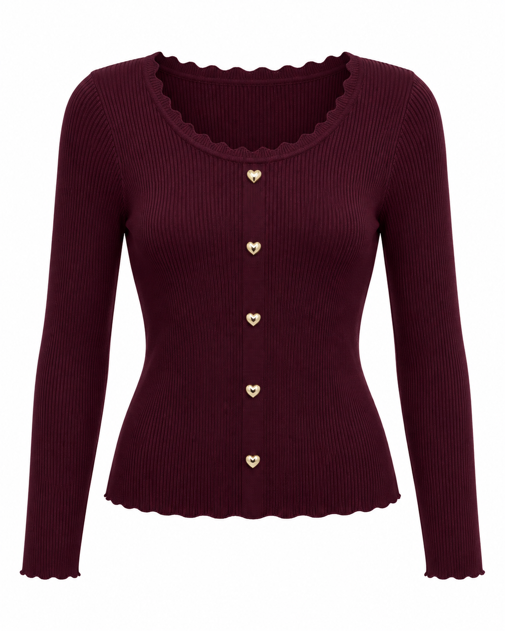 Burgundy Ribbed Heart-Button Knit Set