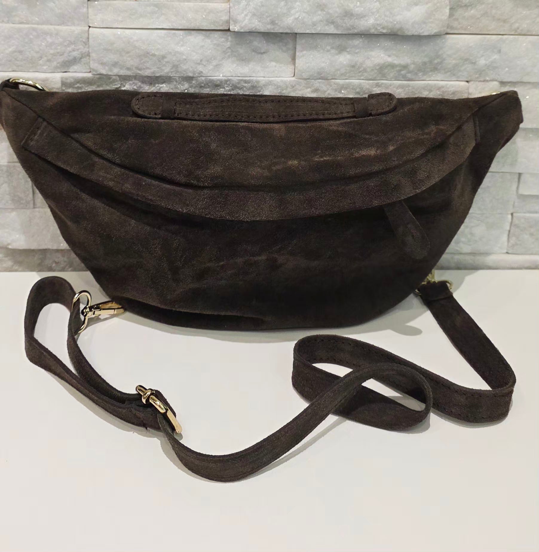Dark Brown Suede Crescent Crossbody Bag
