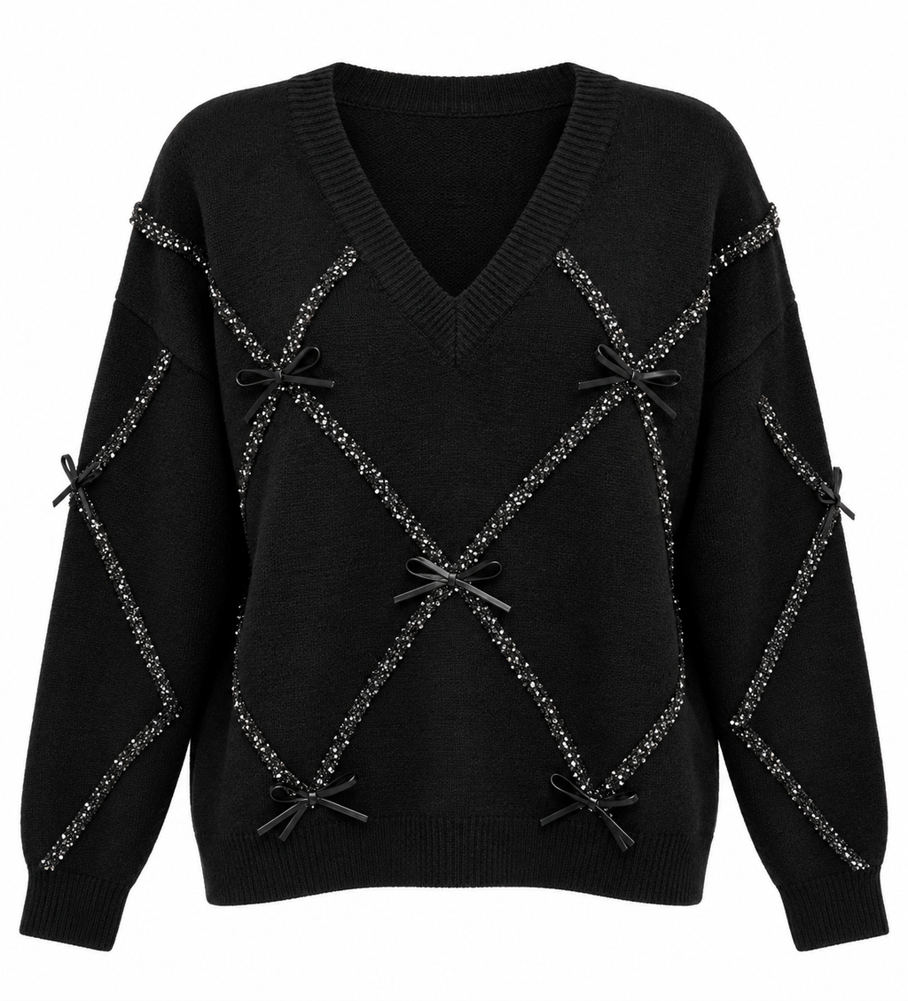 Black Sequin Bow-Detail Knit Sweater