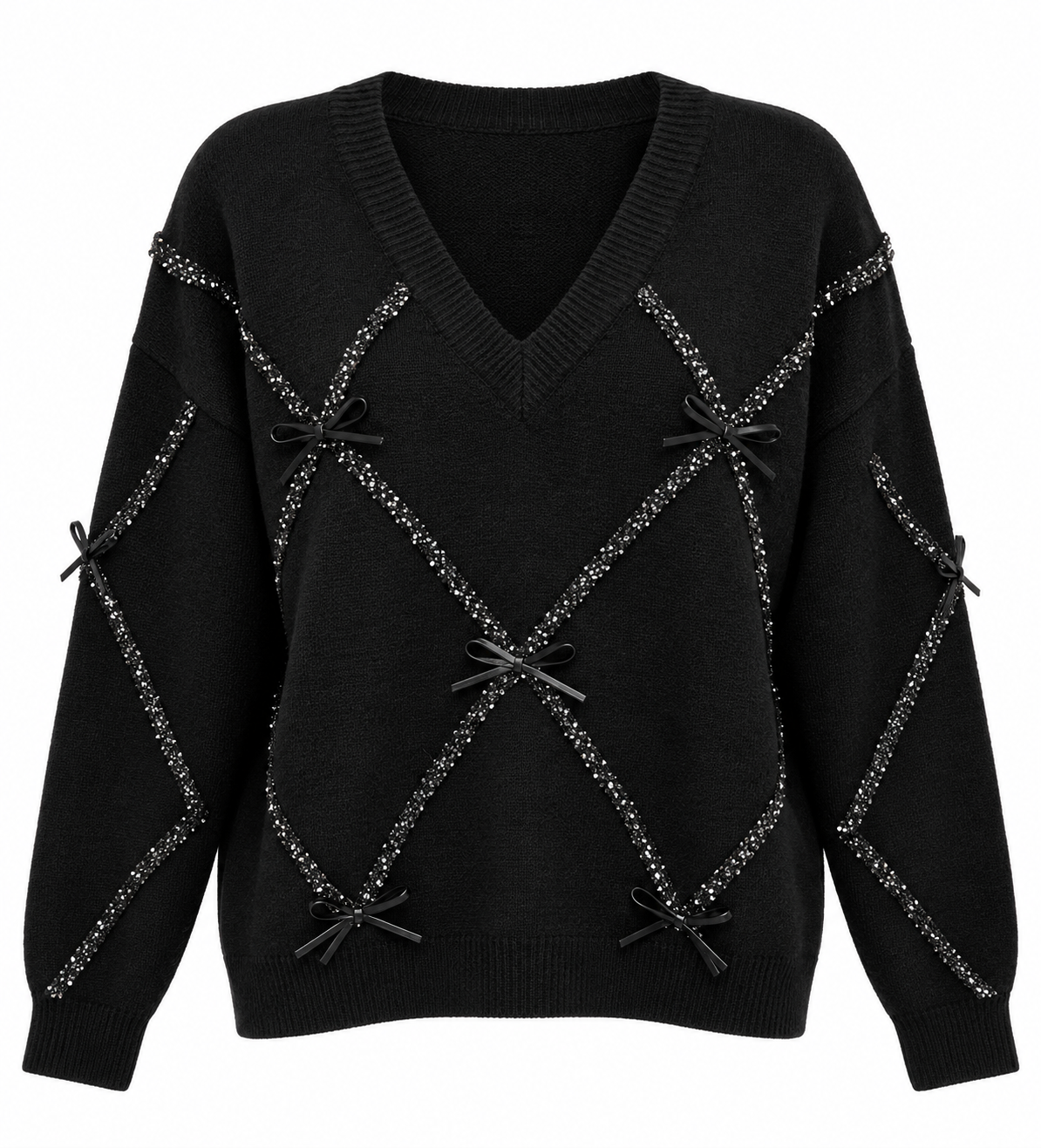 Black Sequin Bow-Detail Knit Sweater