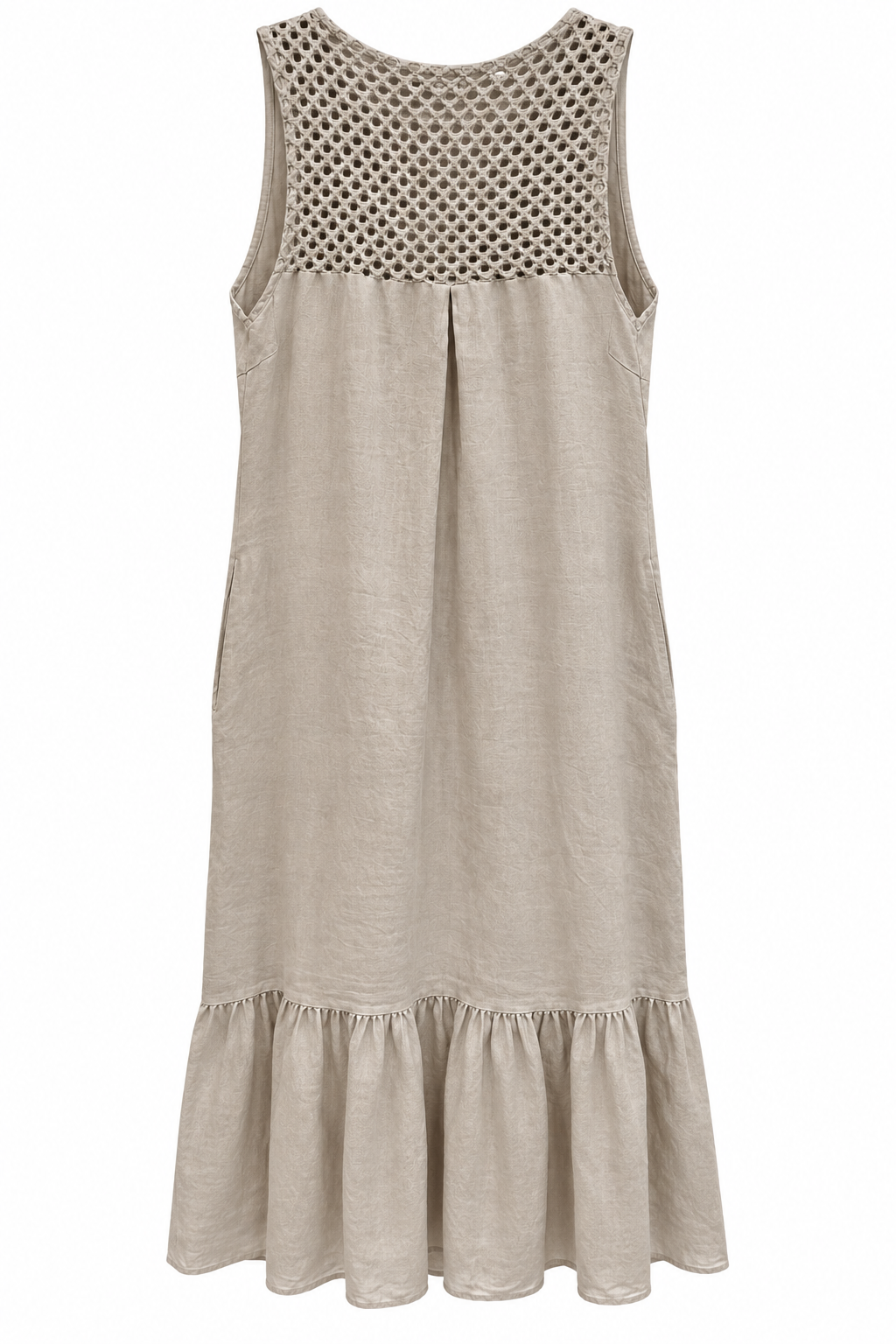 Sand Linen Dress with Crochet Back & Sequin Flowers