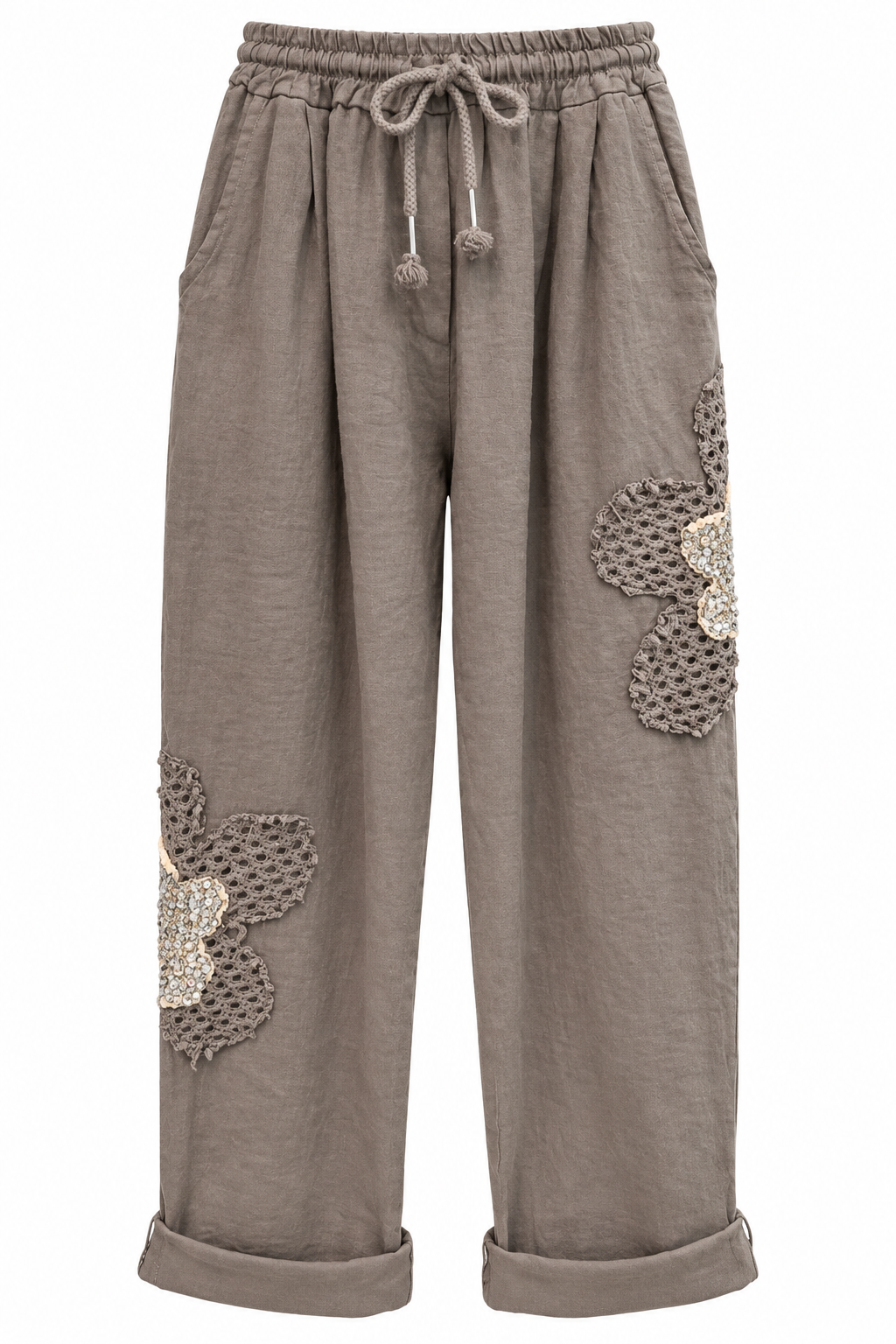 Italian Linen Trousers with Crochet Flower Appliqué – Taupe