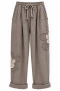 Italian Linen Trousers with Crochet Flower Appliqué – Taupe