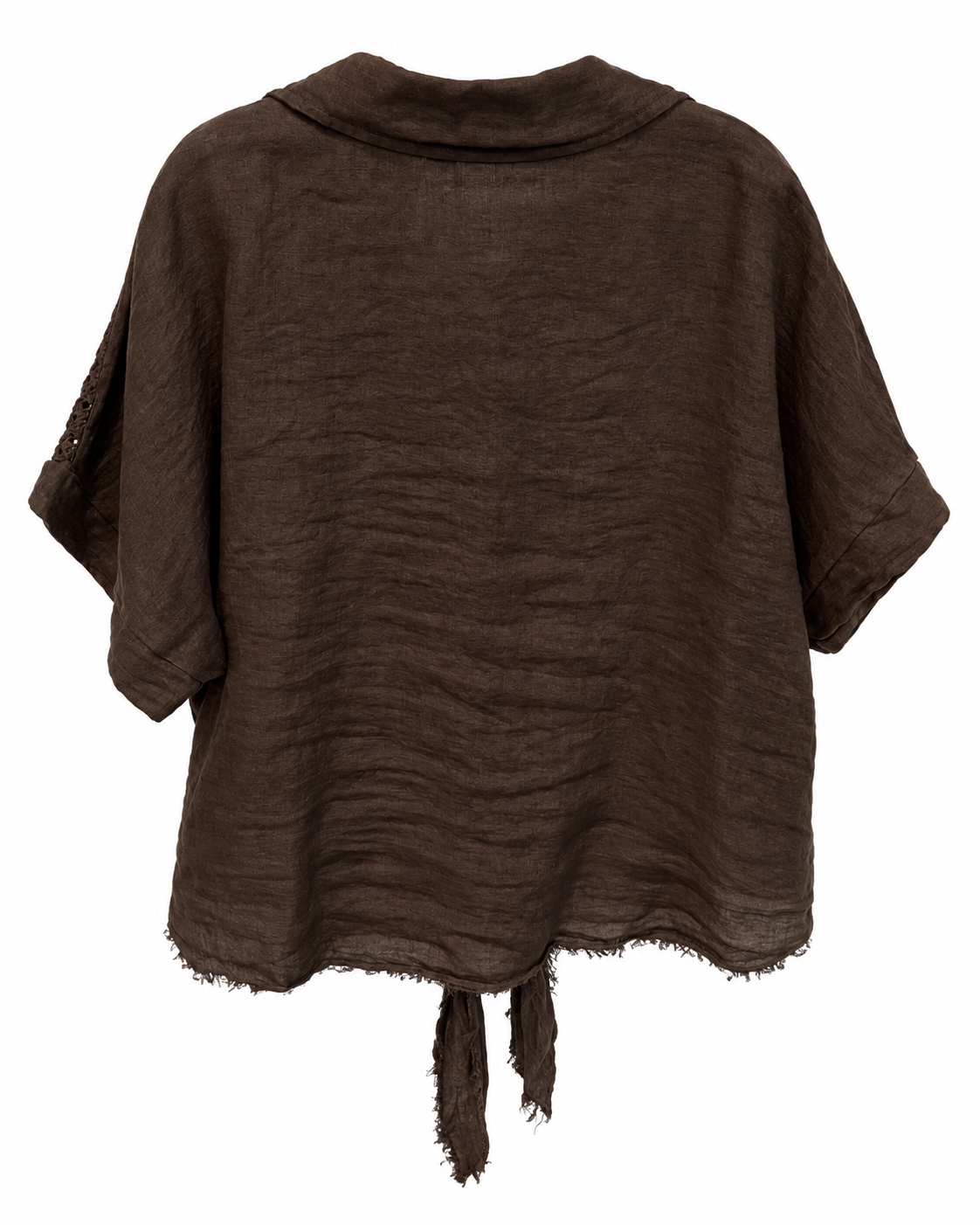 Dark Chocolate Linen Lace-Embroidered Tie-Front Shirt