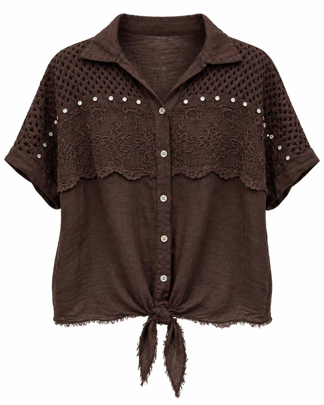 Chocolate Linen Lace-Detail Tie-Front Shirt