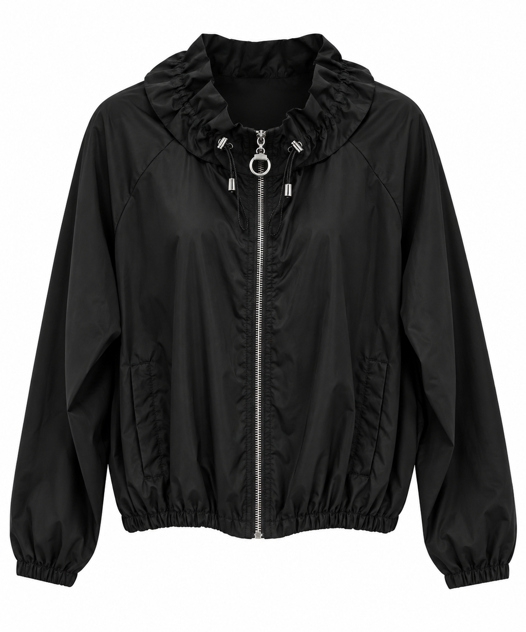 Sleek Black Ruffle-Hood Bomber Jacket
