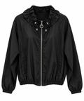 Sleek Black Ruffle-Hood Bomber Jacket