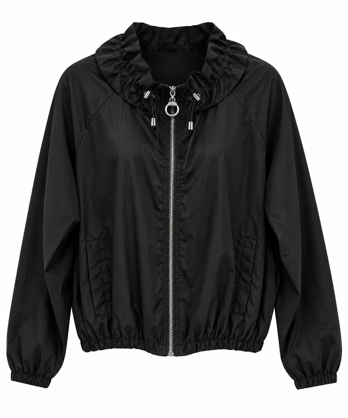 Sleek Black Ruffle-Hood Bomber Jacket
