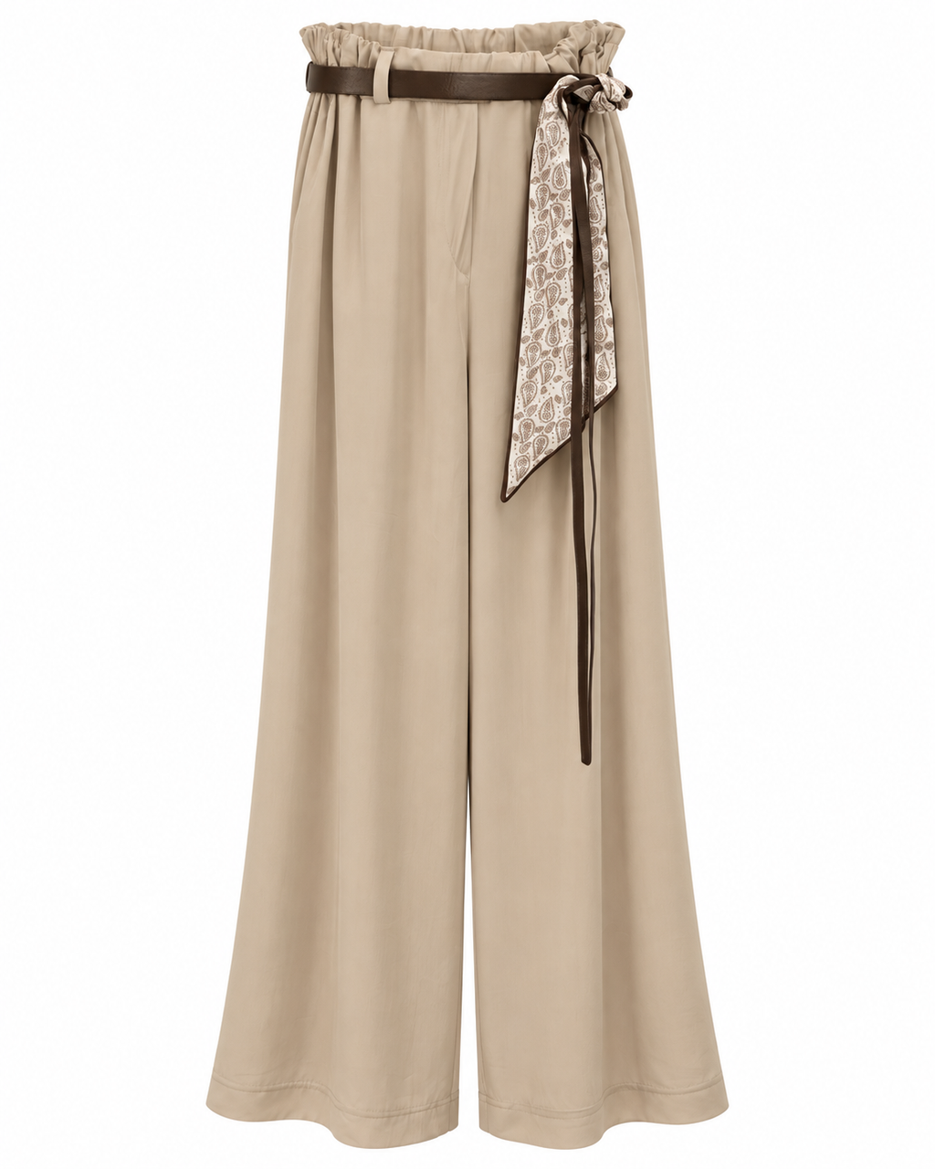 Beige Belted Wide-Leg Trousers