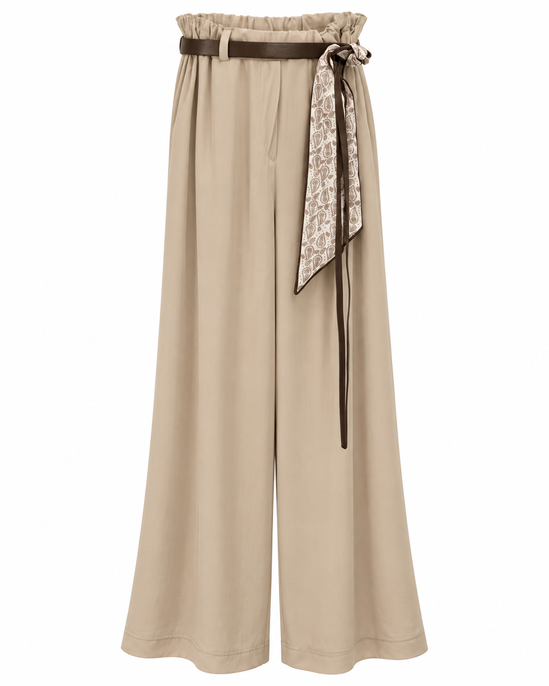 Beige Belted Wide-Leg Trousers