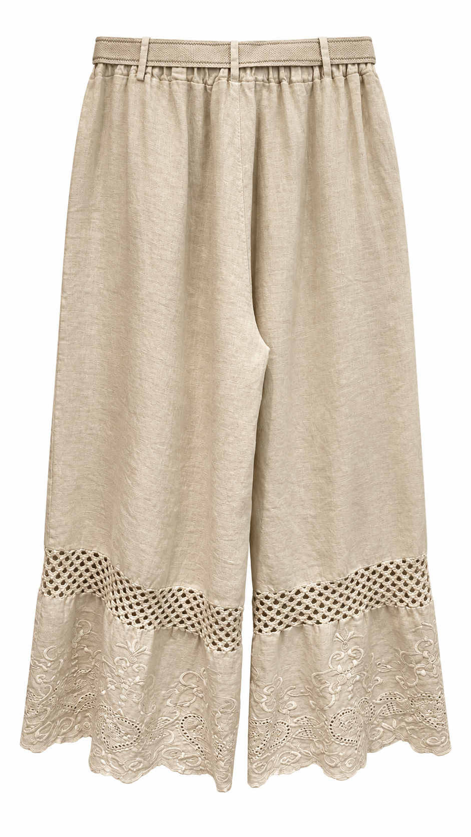 Beige Linen Embroidered Wide-Leg Pants