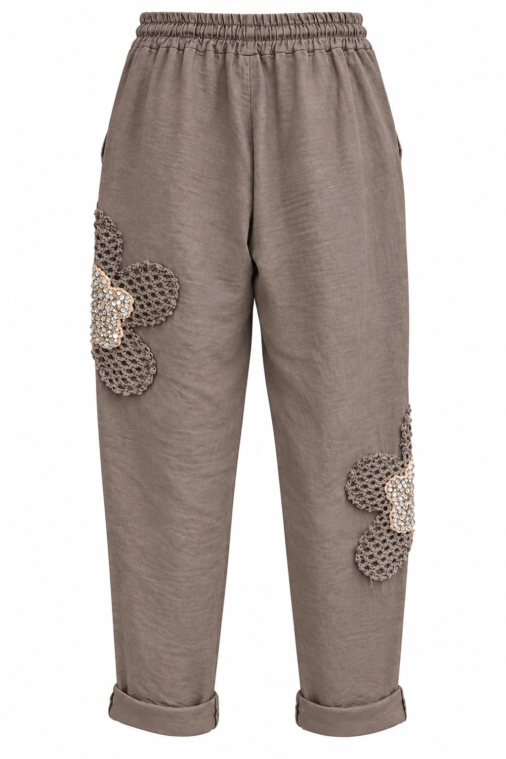 Italian Linen Trousers with Crochet Flower Appliqué – Taupe