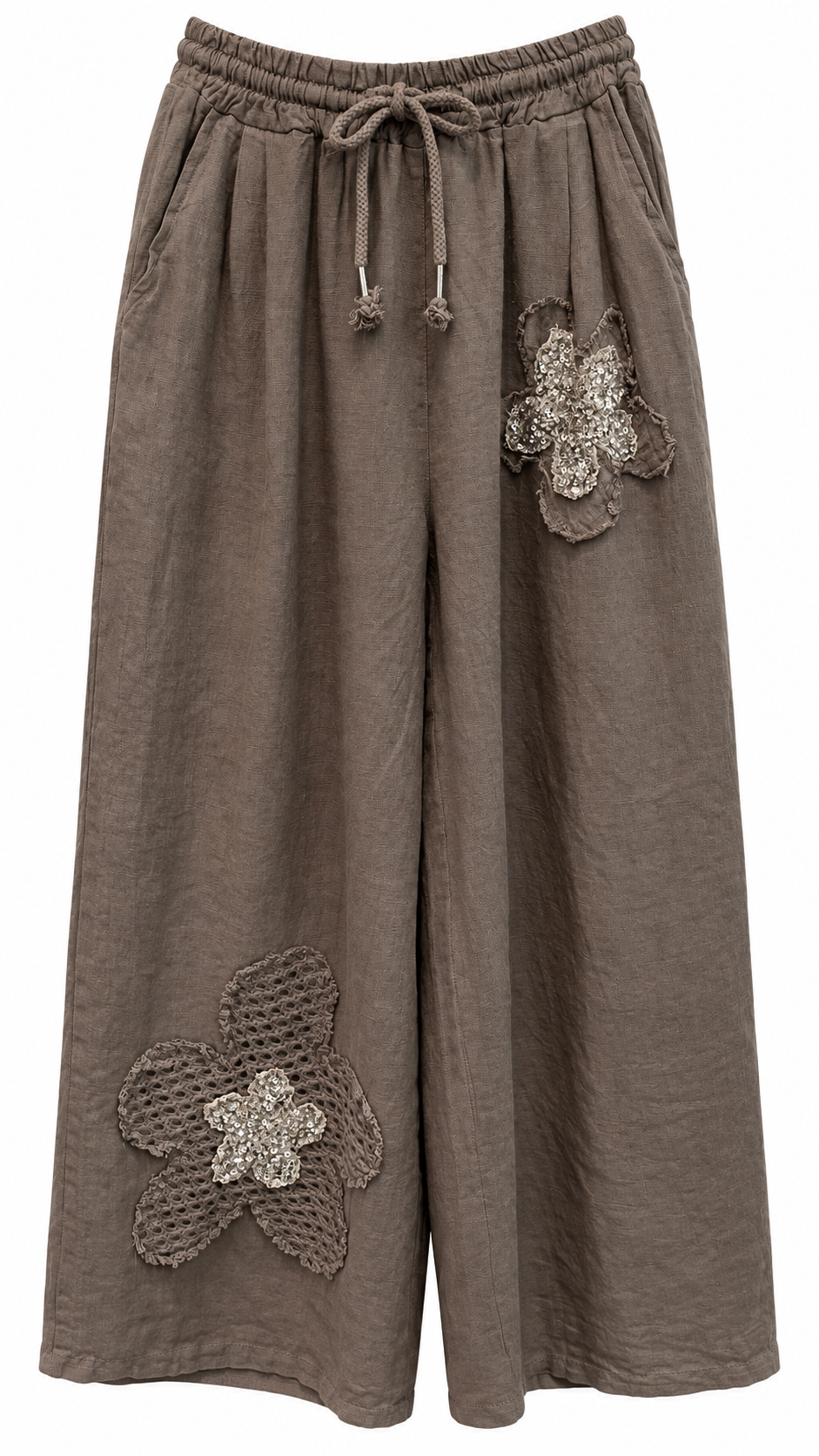 Linen Wide-Leg Pants with Sequin Flowers