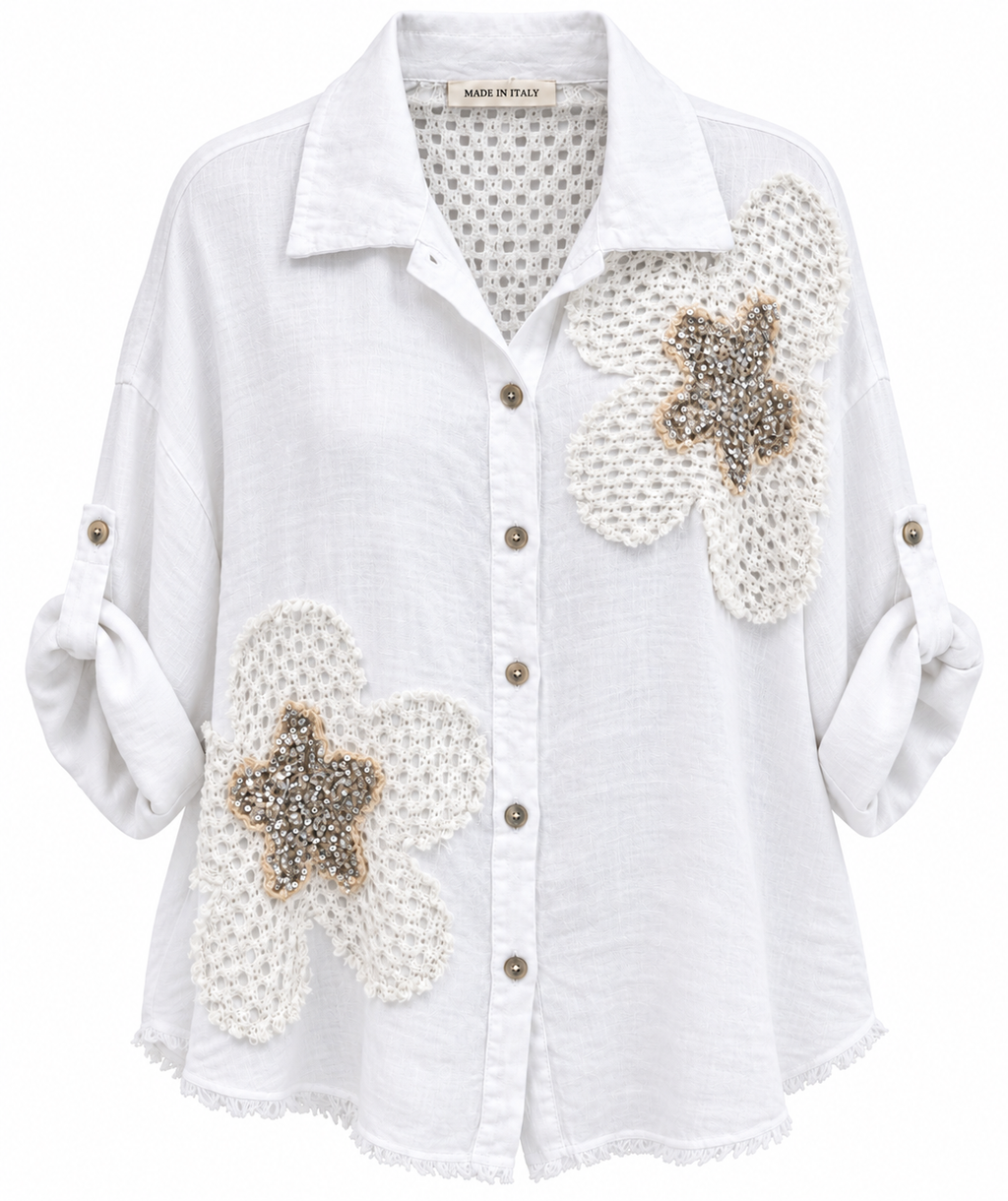 Italian Linen Shirt with Floral Sequin Appliqué