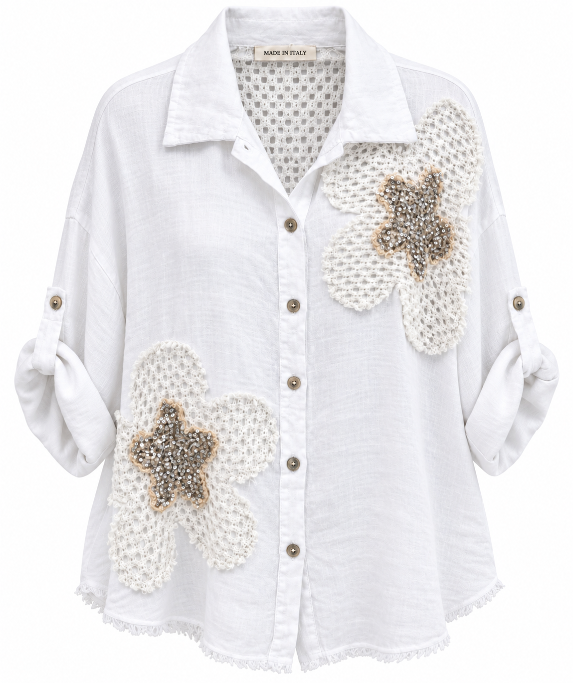 Italian Linen Shirt with Floral Sequin Appliqué