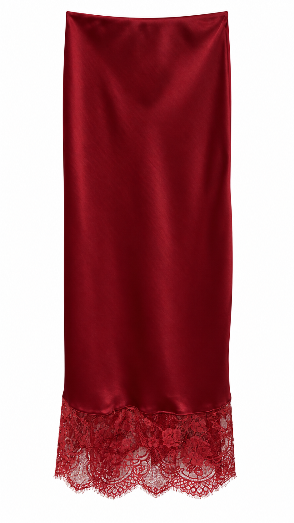 Burgundy Satin Lace-Hem Midi Skirt