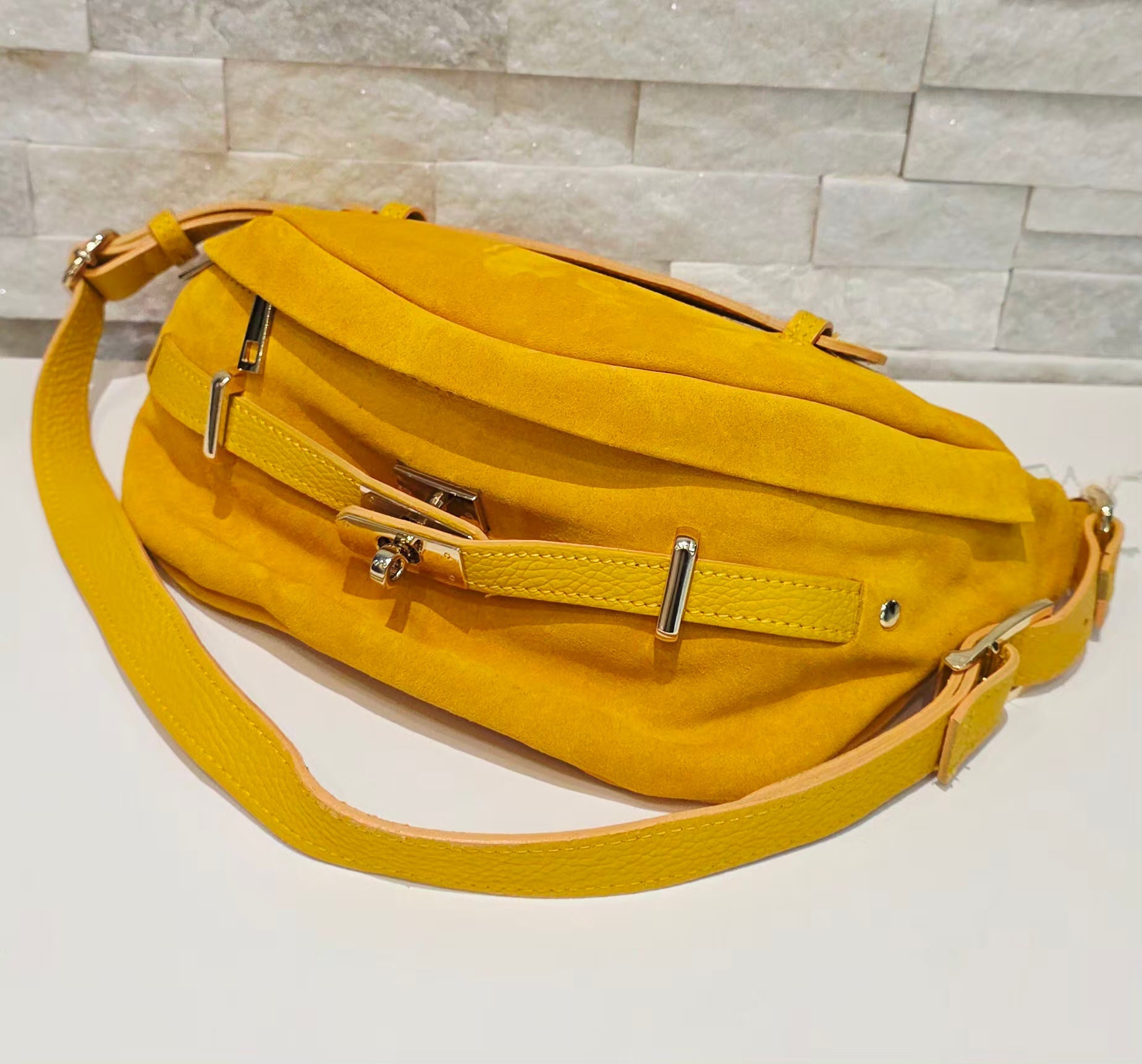 Yellow Suede Buckle Crossbody Bag
