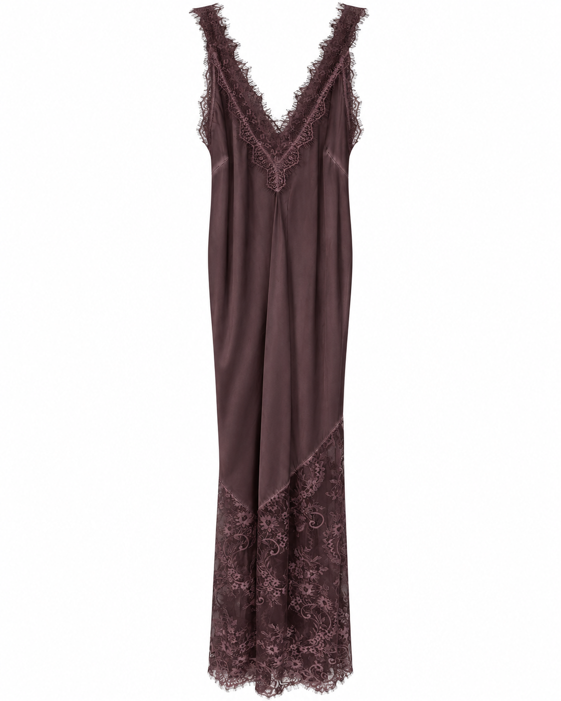 Deep Plum Satin Lace-Trim Maxi Dress