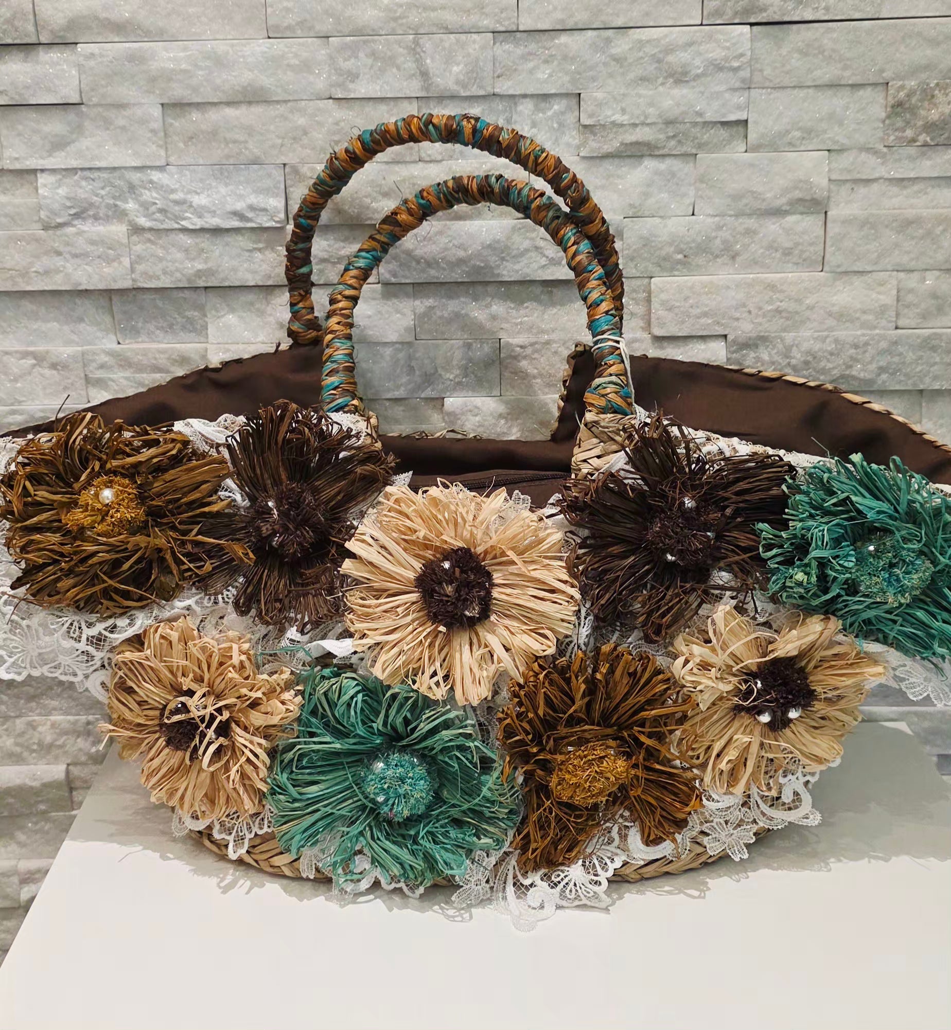 Boho Raffia Flower Tote Bag