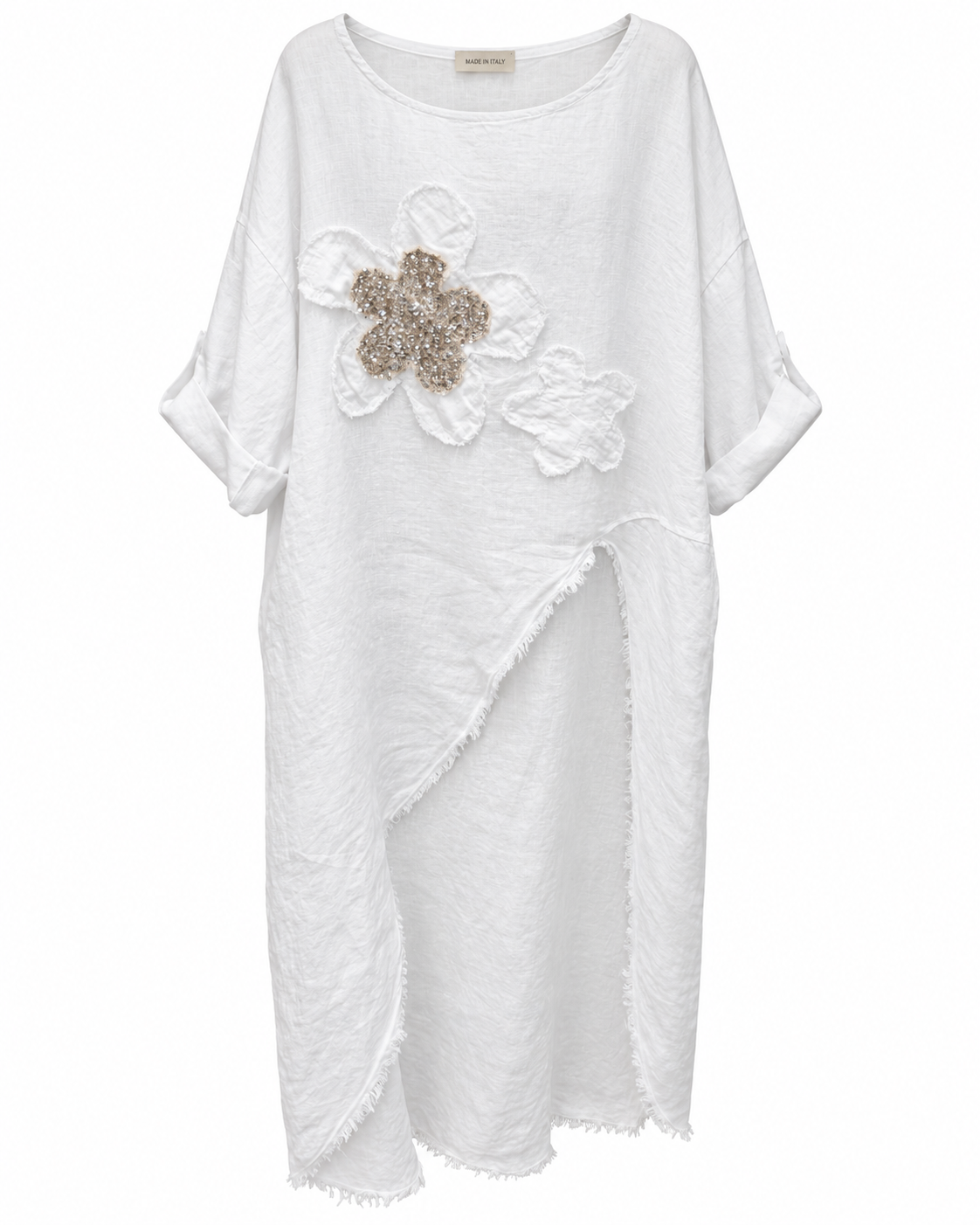 White Linen Crystal Flower Tunic