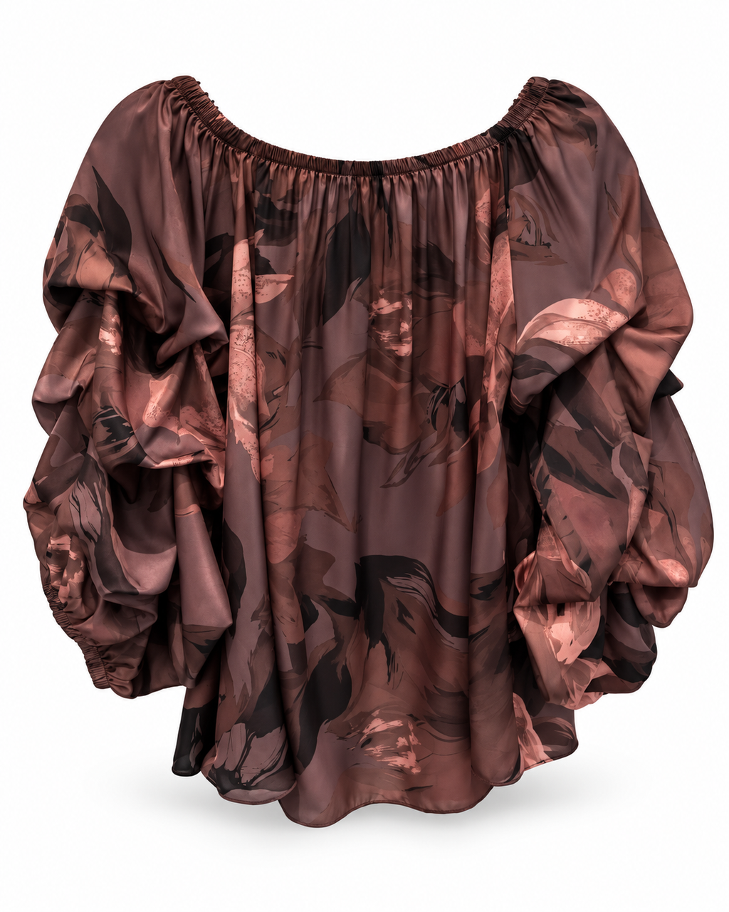 Mocha Abstract Print Ruched Sleeve Blouse