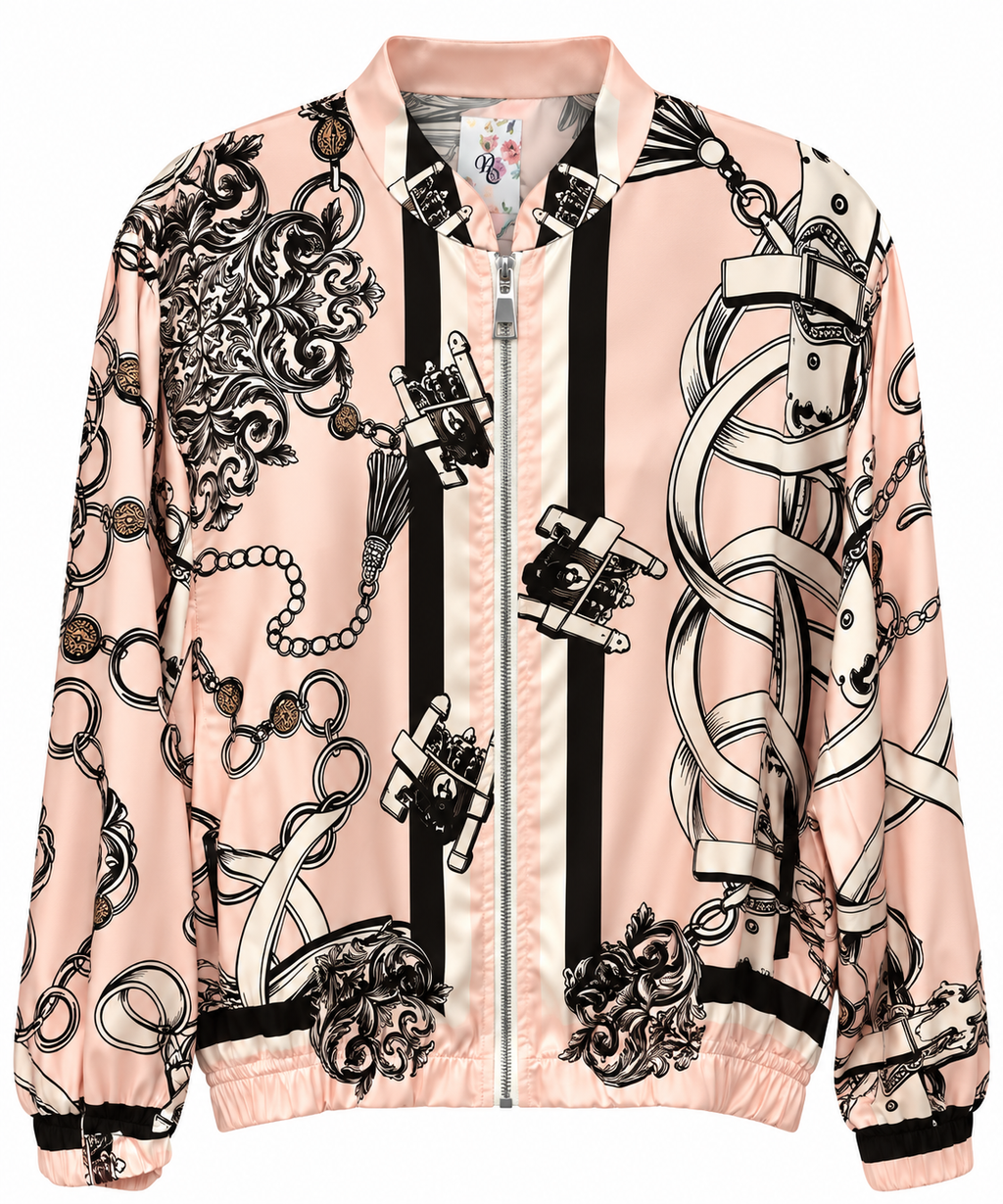 Baroque Chain Print Satin Bomber Jacket & Wide-Leg Pants Set