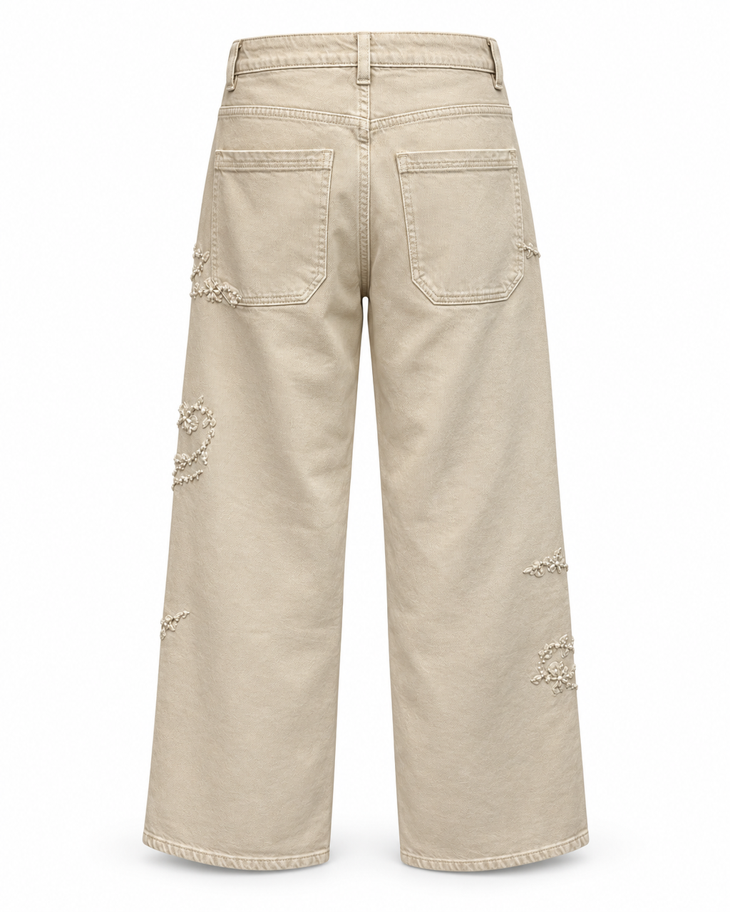 Beige Floral Embroidered Wide-Leg Jeans
