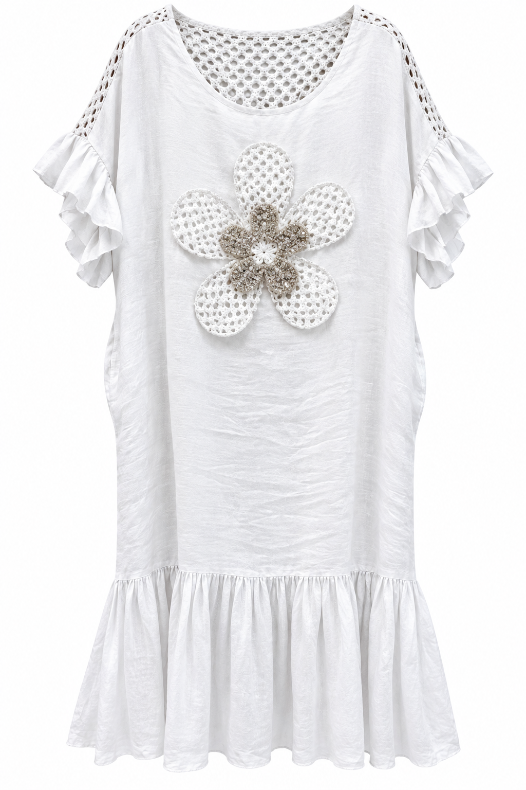 White Linen Crochet Ruffle Dress