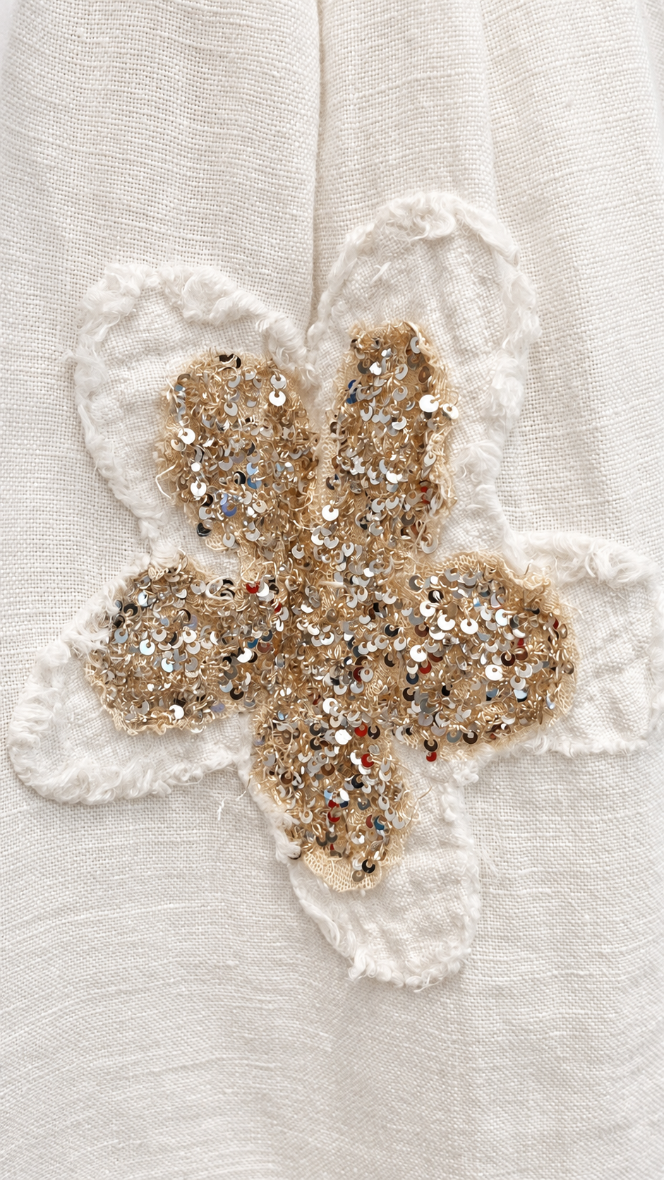 Ivory Linen Wide-Leg Pants with Floral Appliqué