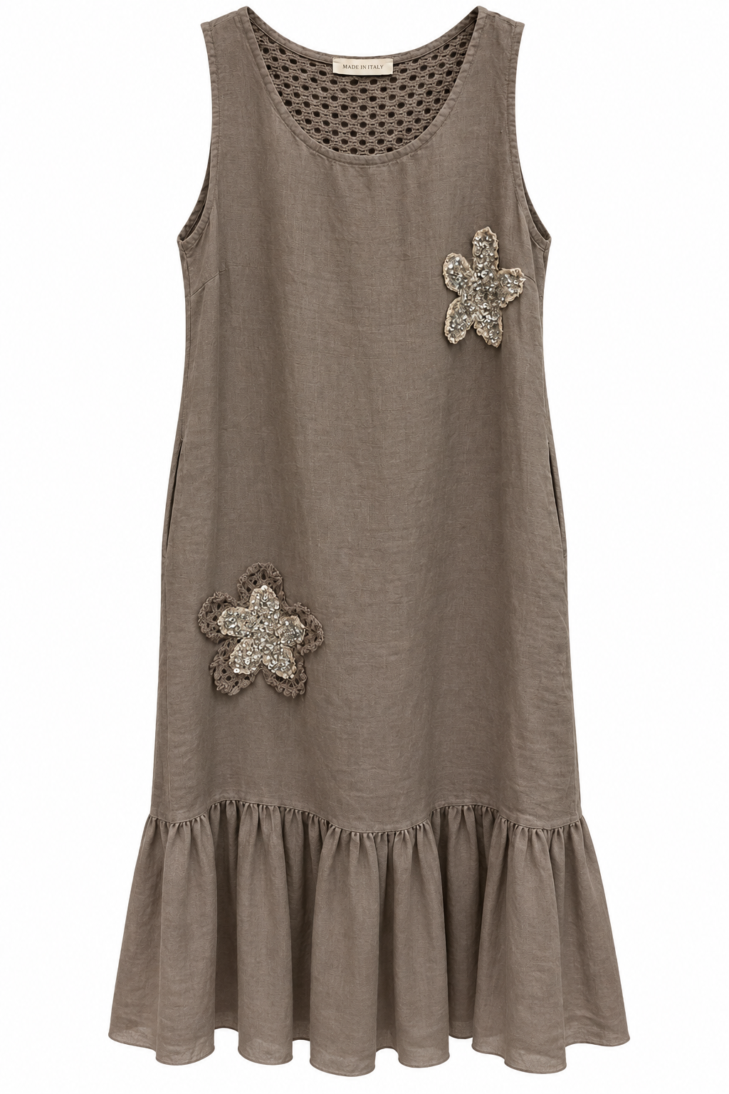 Taupe Linen Crochet Ruffle Dress