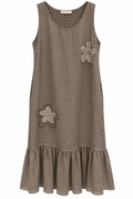 Taupe Linen Crochet Ruffle Dress