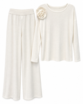White Appliqué Top & Wide-Leg Trousers Set