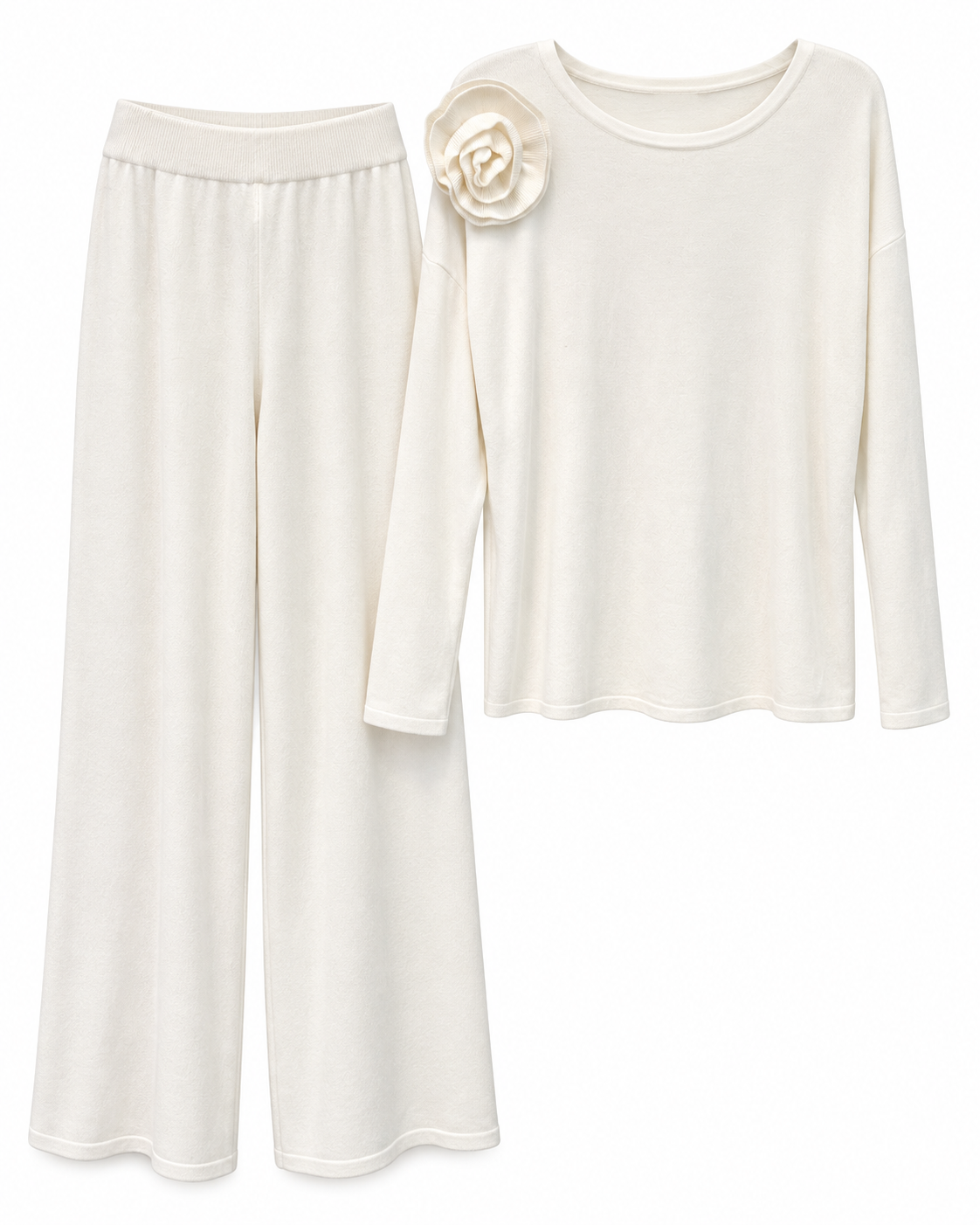 White Appliqué Top & Wide-Leg Trousers Set
