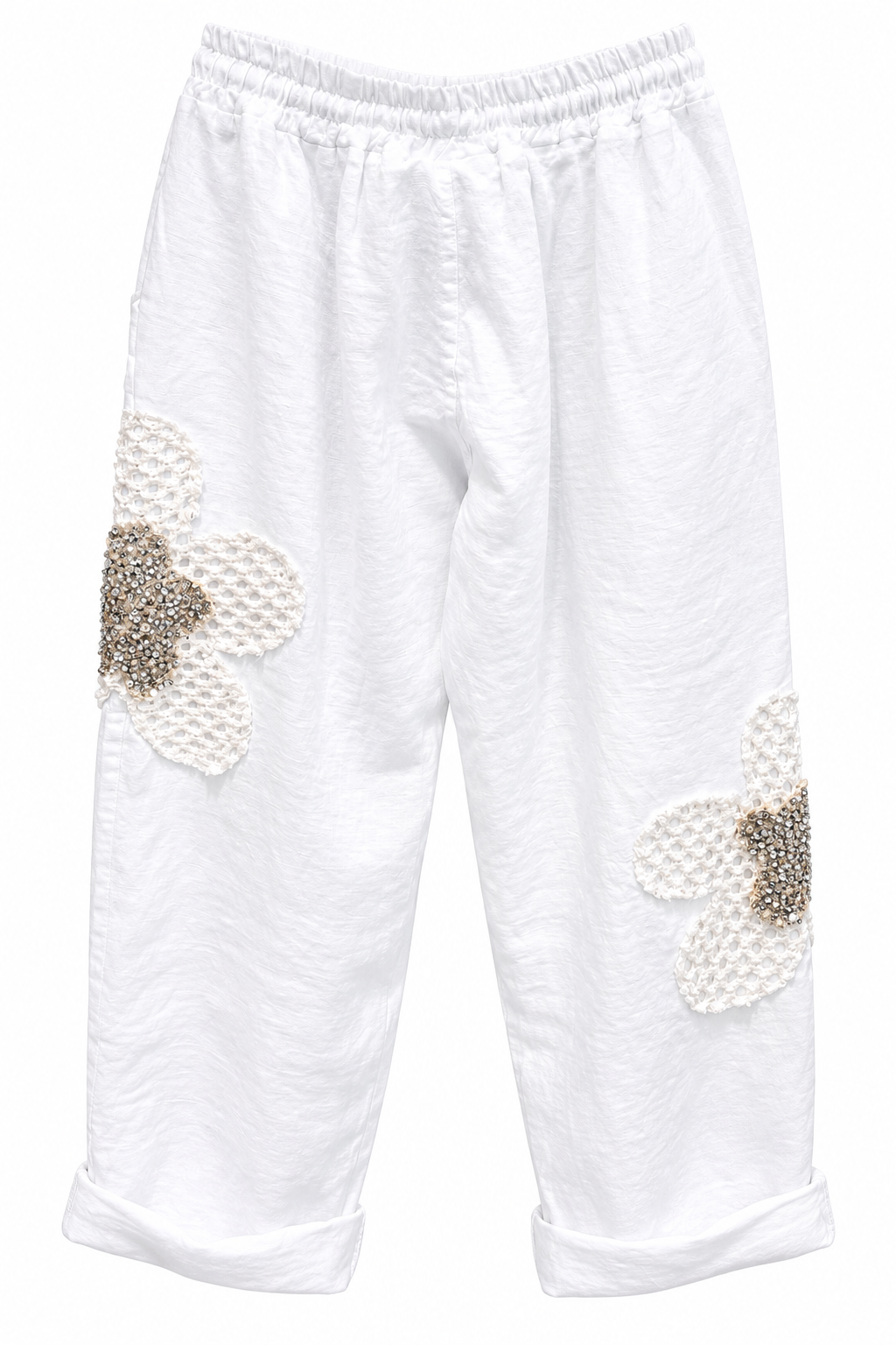 White Linen Floral Embellished Trousers