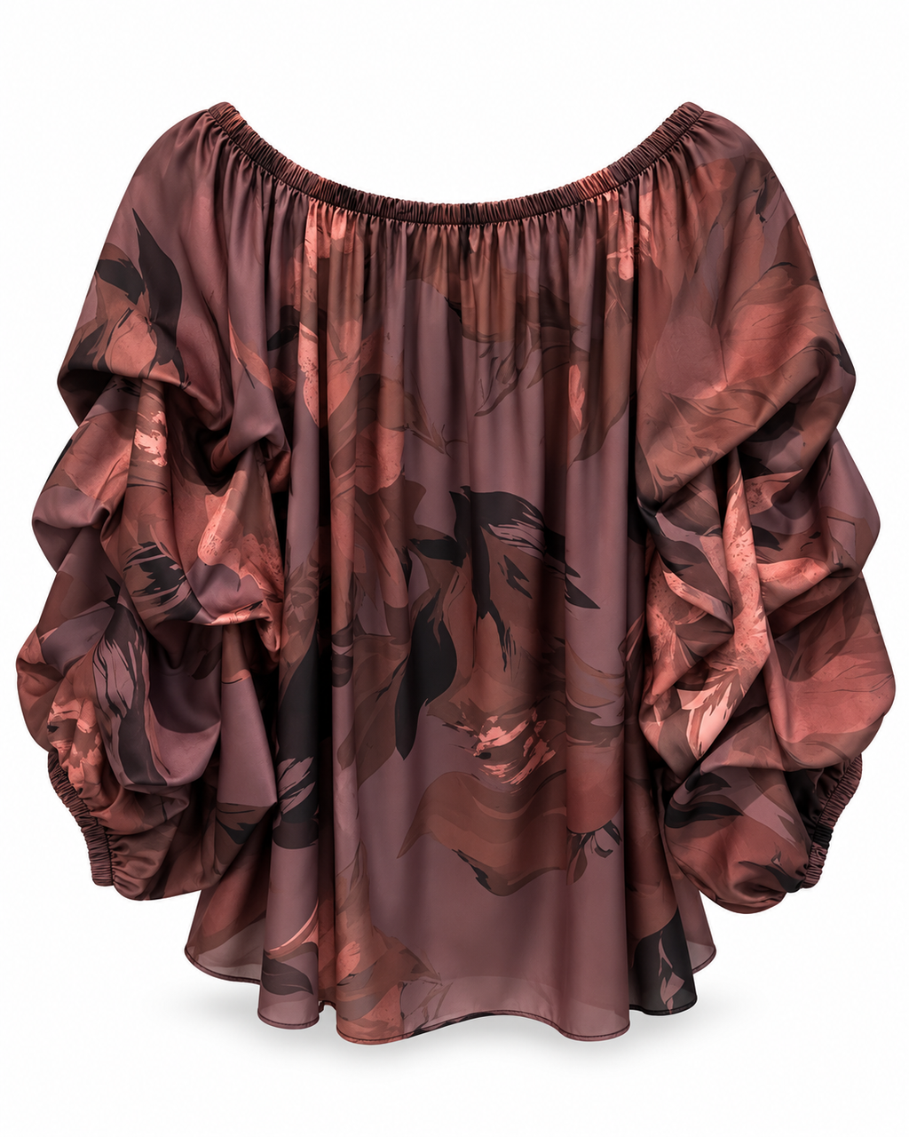 Mocha Abstract Print Ruched Sleeve Blouse
