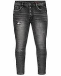 Back view of black washed distressed jeans with pockets