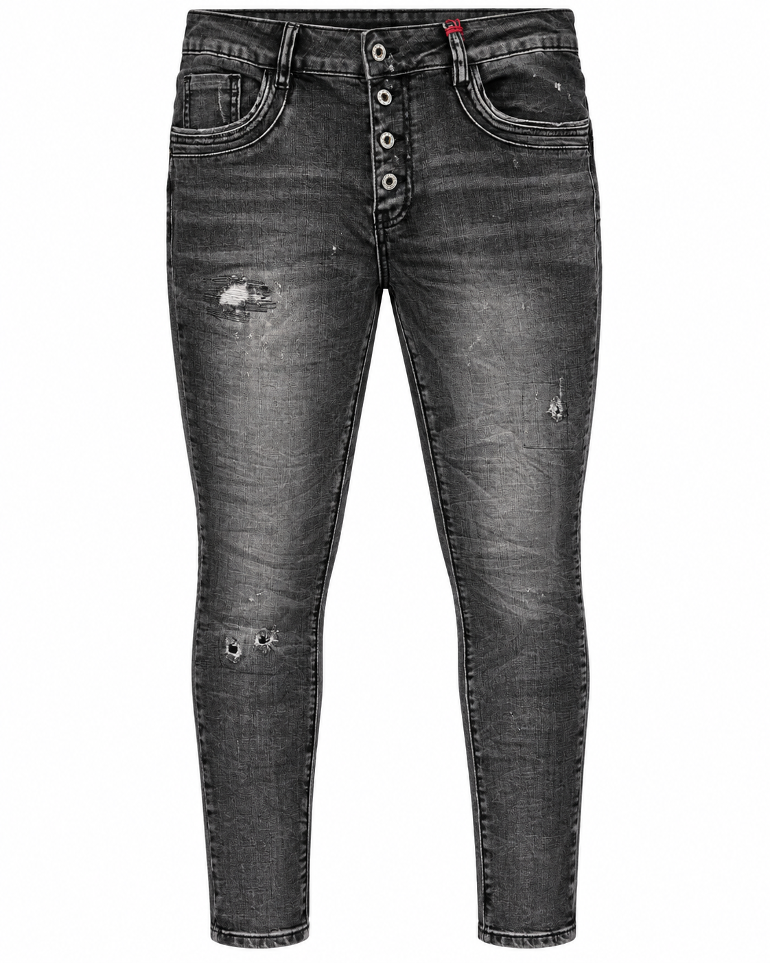 Back view of black washed distressed jeans with pockets