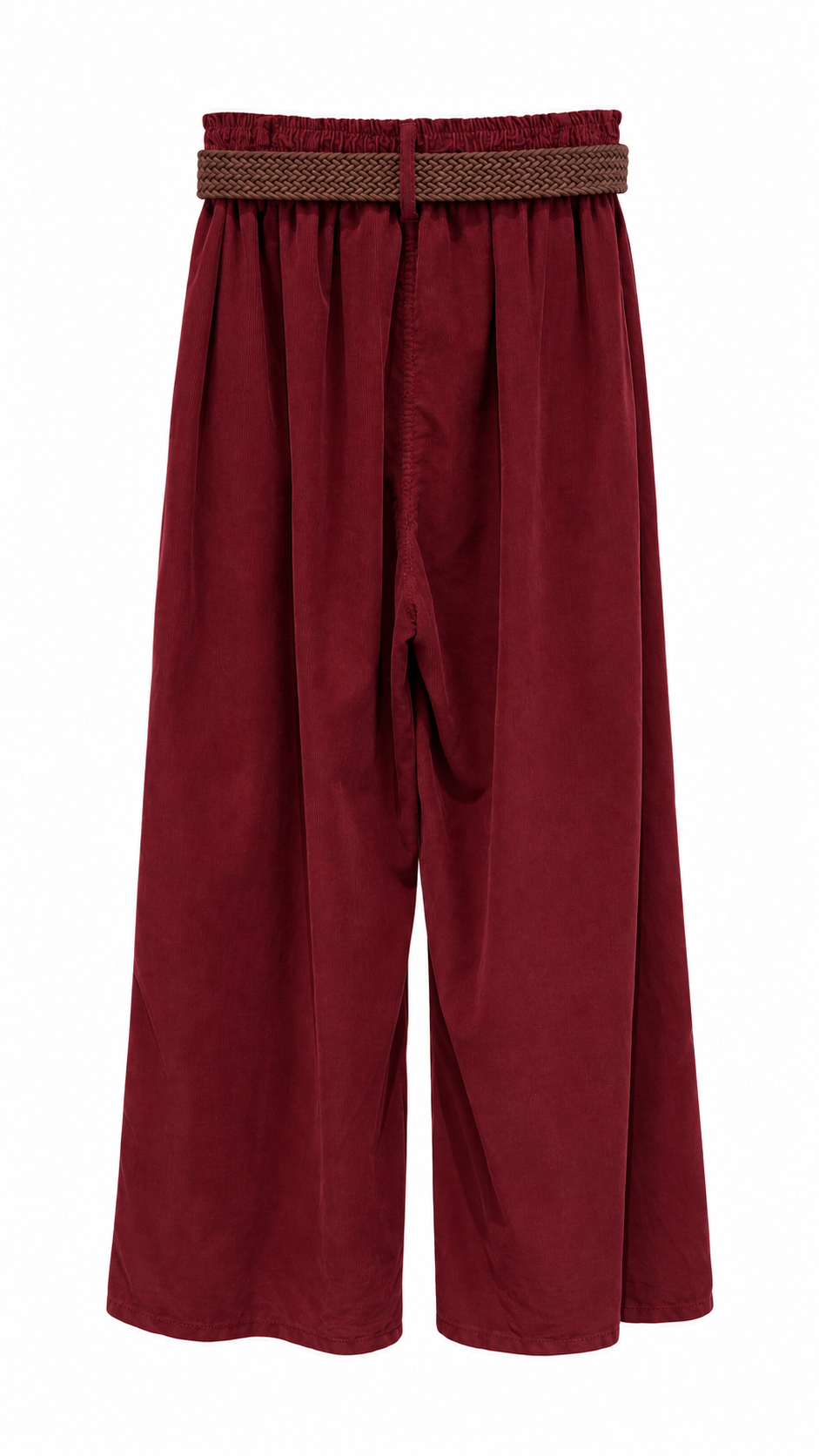 Burgundy Corduroy Wide-Leg Trousers with Belt