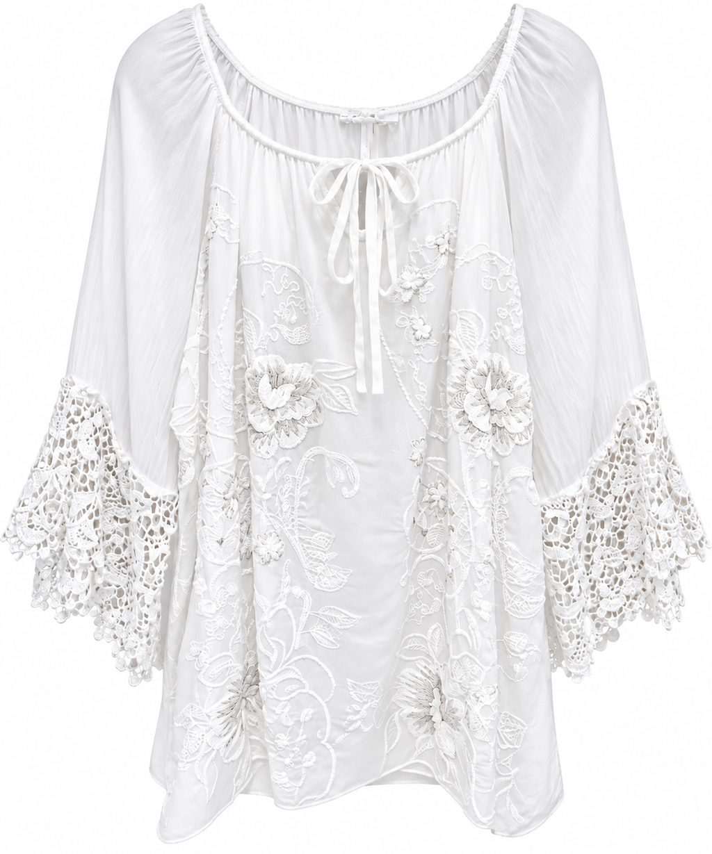White Lace-Sleeve Silk Blouse