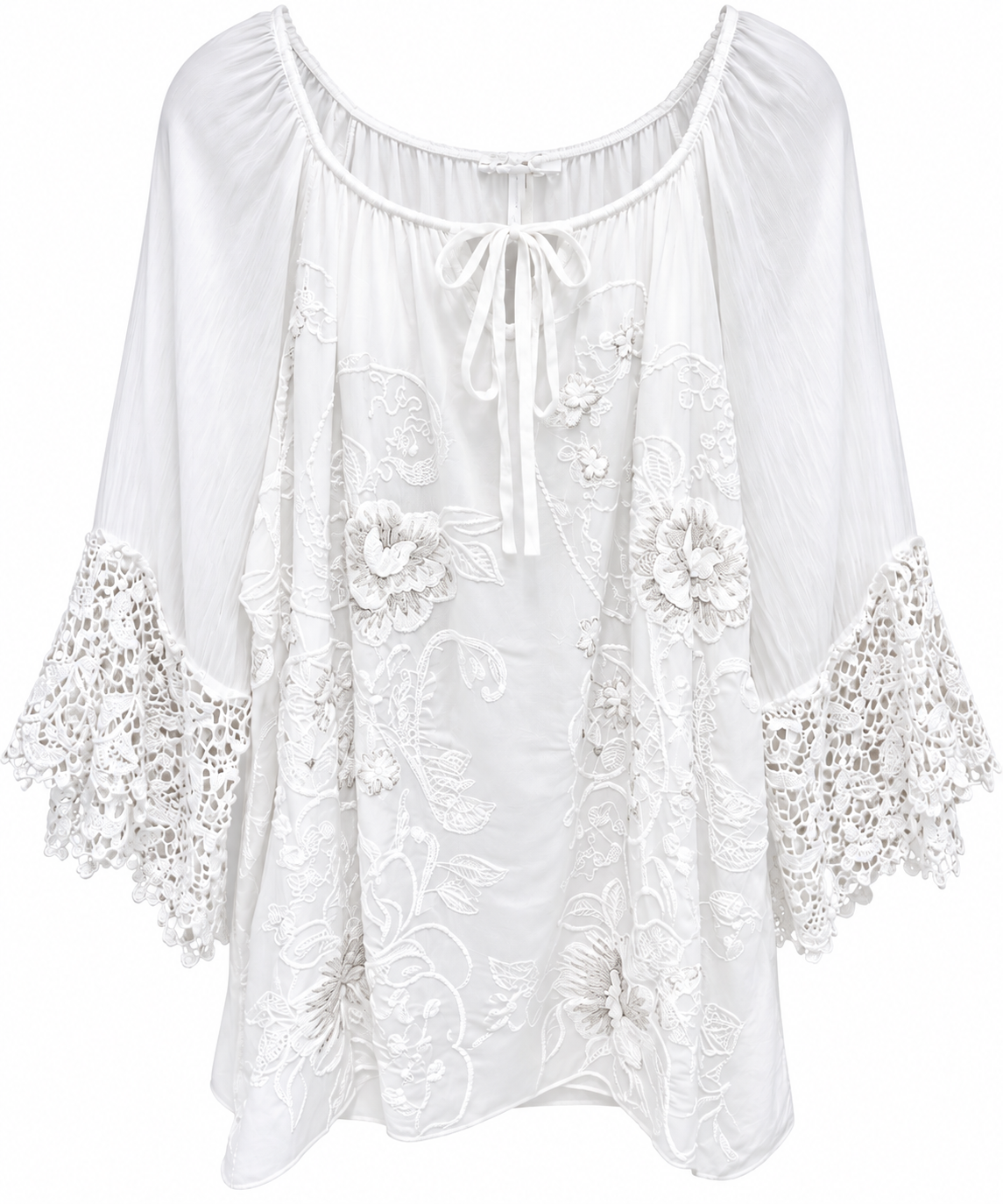 White Lace-Sleeve Silk Blouse