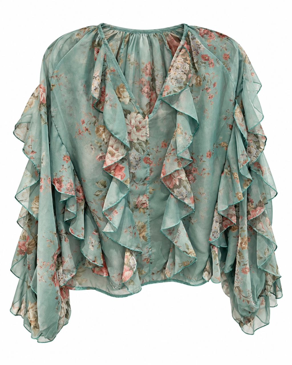 Sage Floral Ruffle Chiffon Blouse