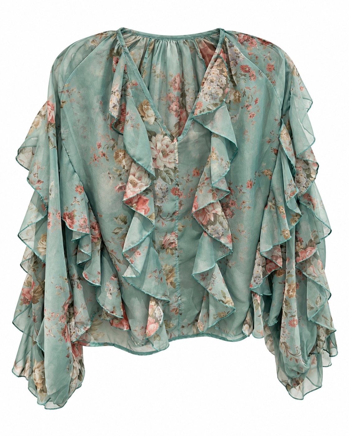 Sage Floral Ruffle Chiffon Blouse