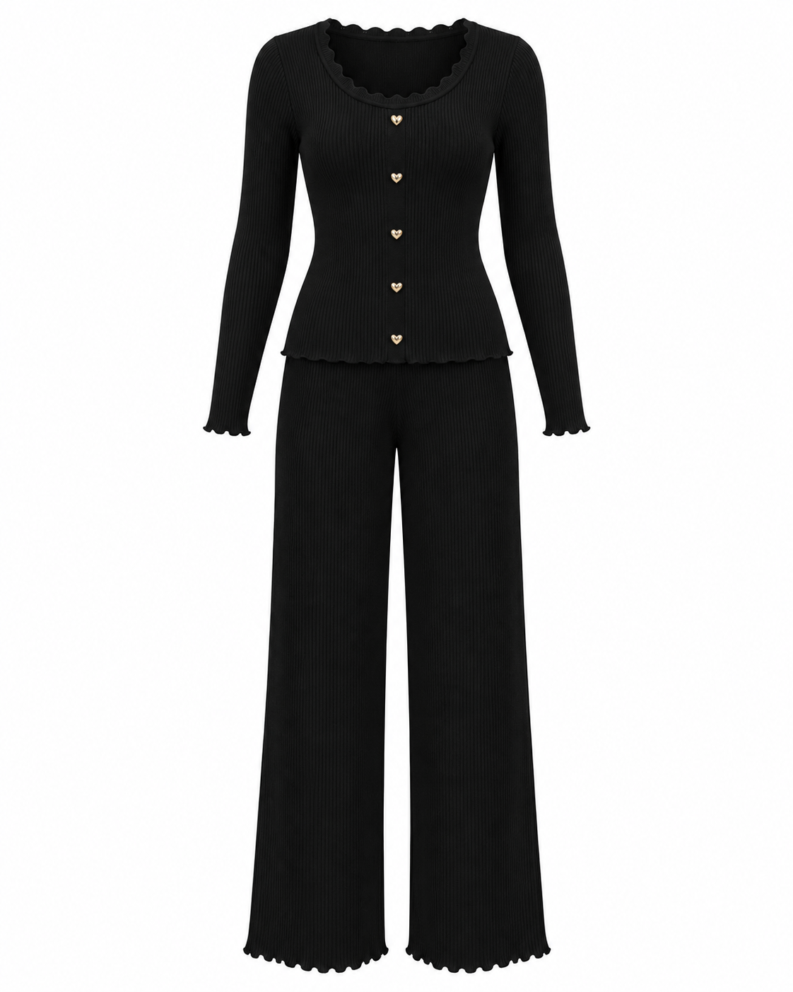 Black Ribbed Heart-Button Knit Set