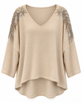 Beige Embellished Shoulder V-Neck Sweater