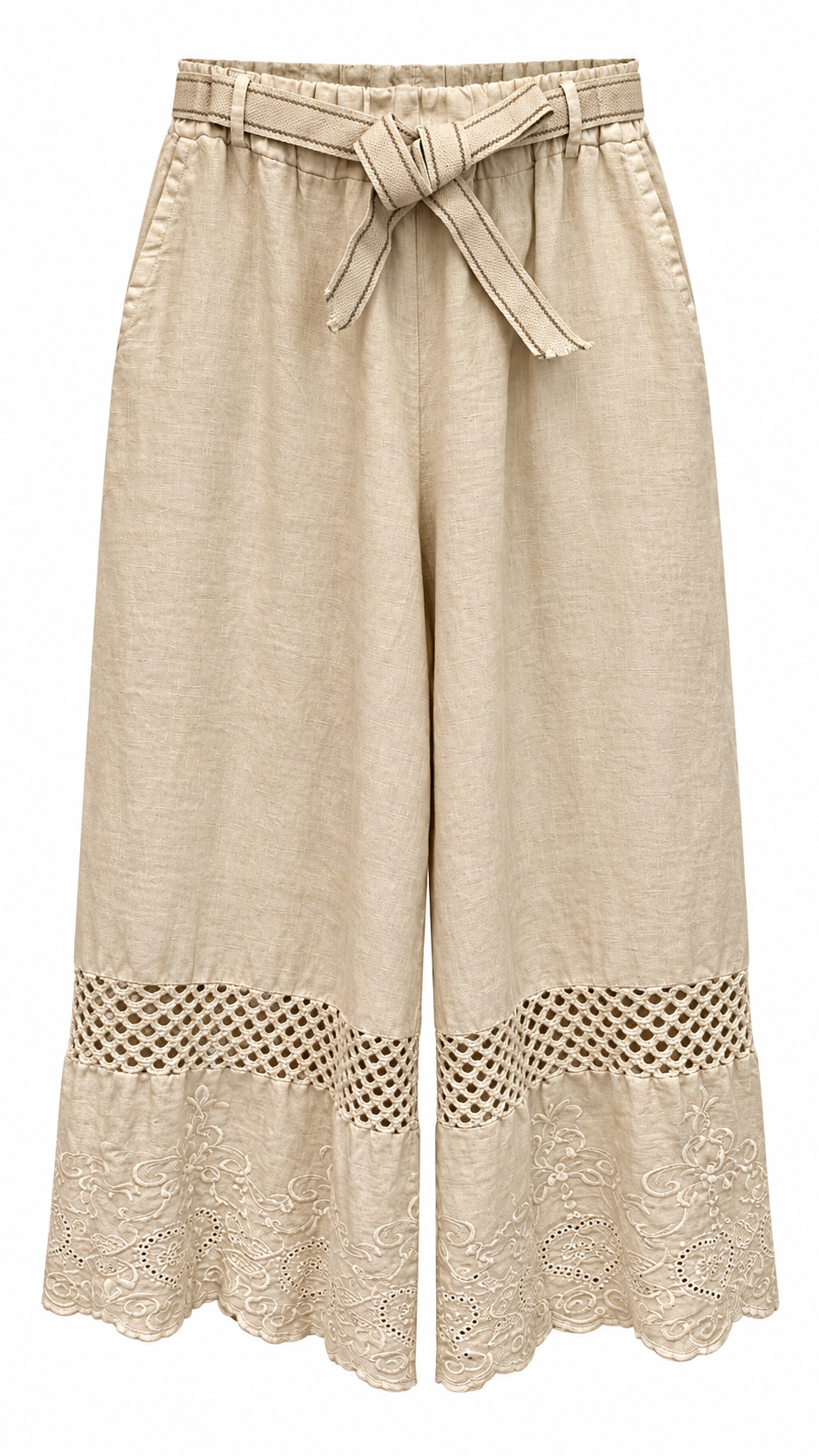 Beige Linen Embroidered Wide-Leg Pants