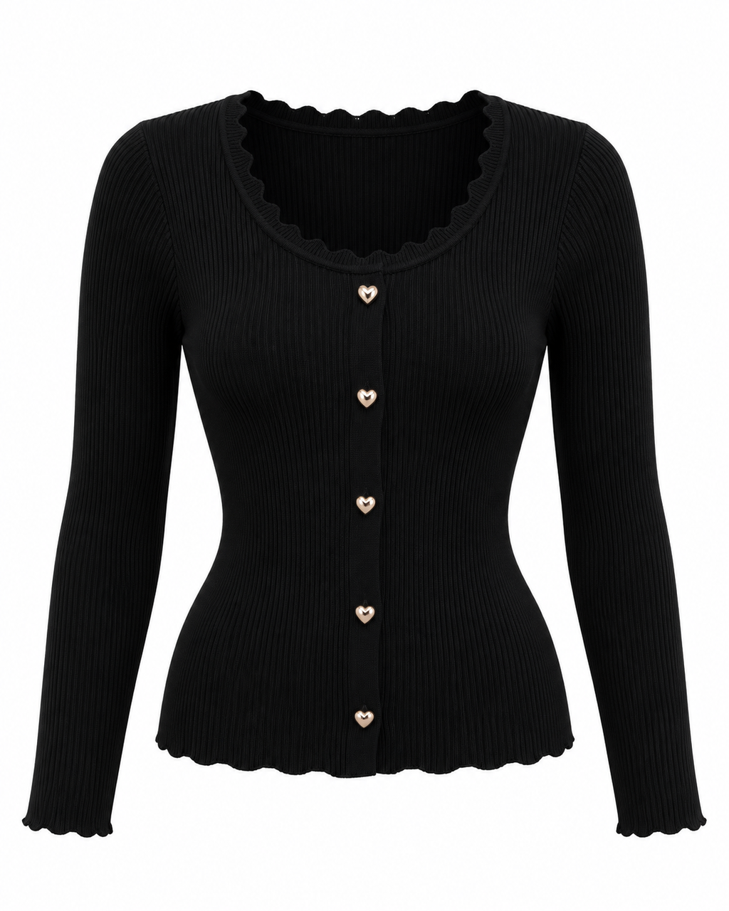 Black ribbed set with heart-button top and wide-leg trousers, front view