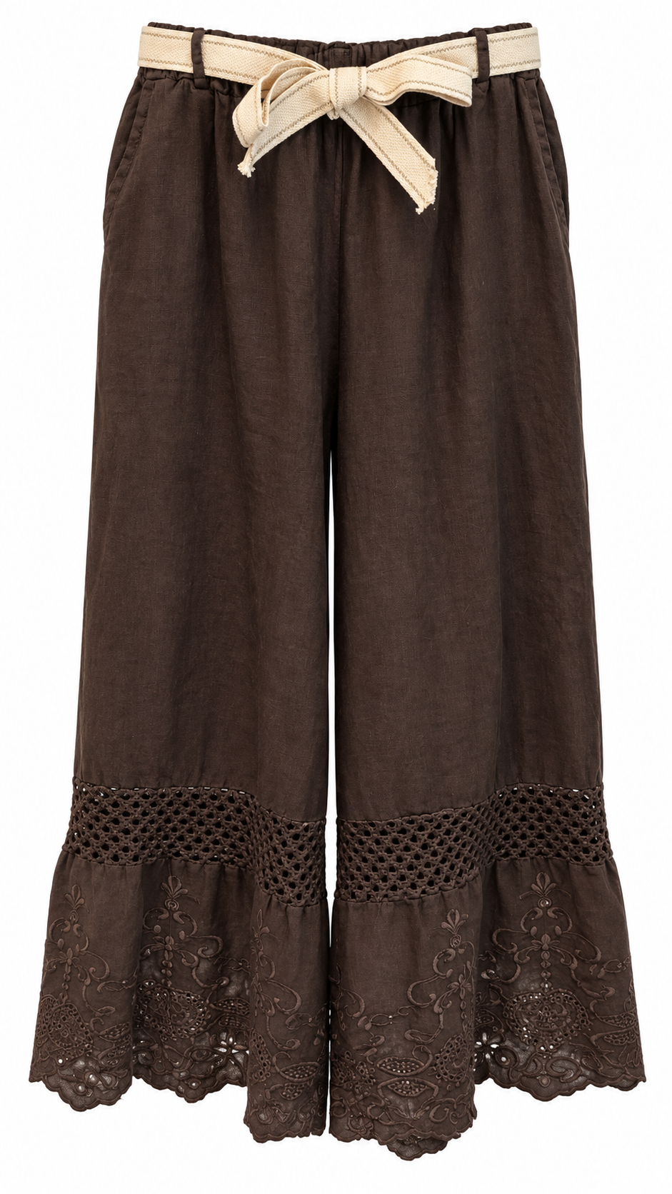 Brown Linen Embroidered Wide-Leg Pants