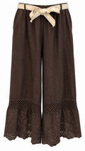 Brown Linen Embroidered Wide-Leg Pants