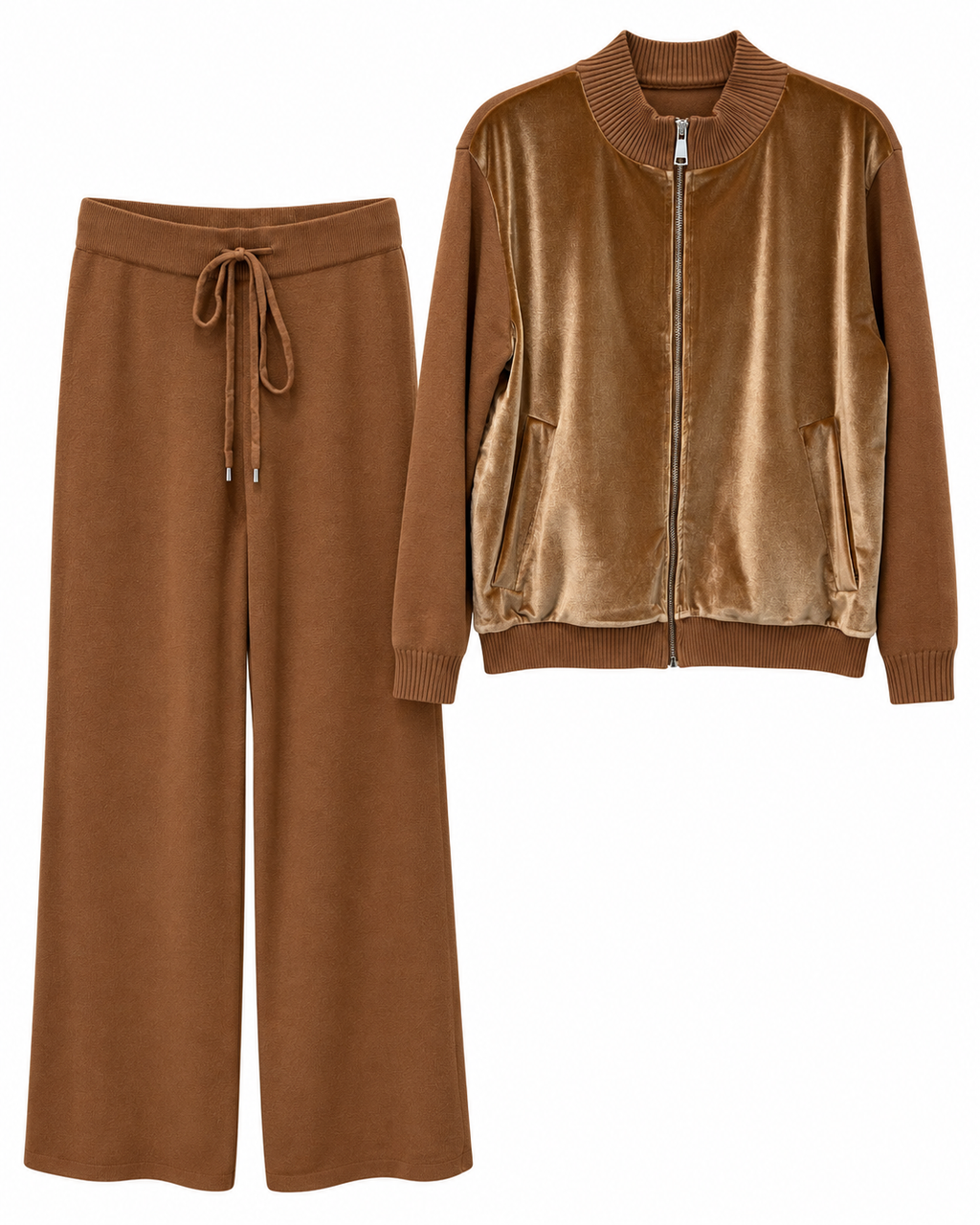 Caramel Brown Velvet Bomber & Wide-Leg Knit Set